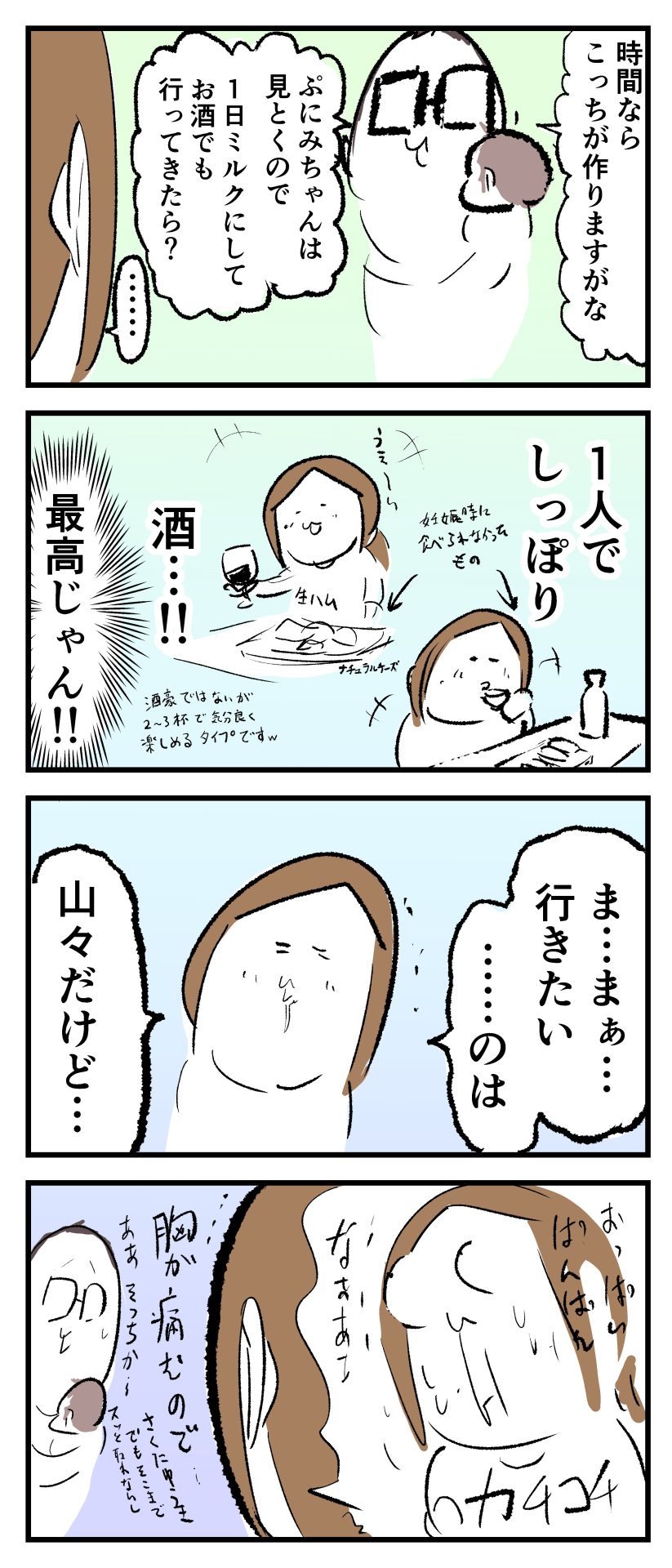 「お誕生日に時間が欲しい」と言ったママに、パパが「時間ならこちらが作りますがな。ぷにみちゃんはこっちが見ておくのでお酒でも行ってきたら？」と提案。ワインと日本酒を飲みながら妊娠中に食べられなかった好物を思い浮かべて行きたい気持ちが積もるものの、授乳中で胸が張って痛むのでなかなか行けないママの様子の漫画